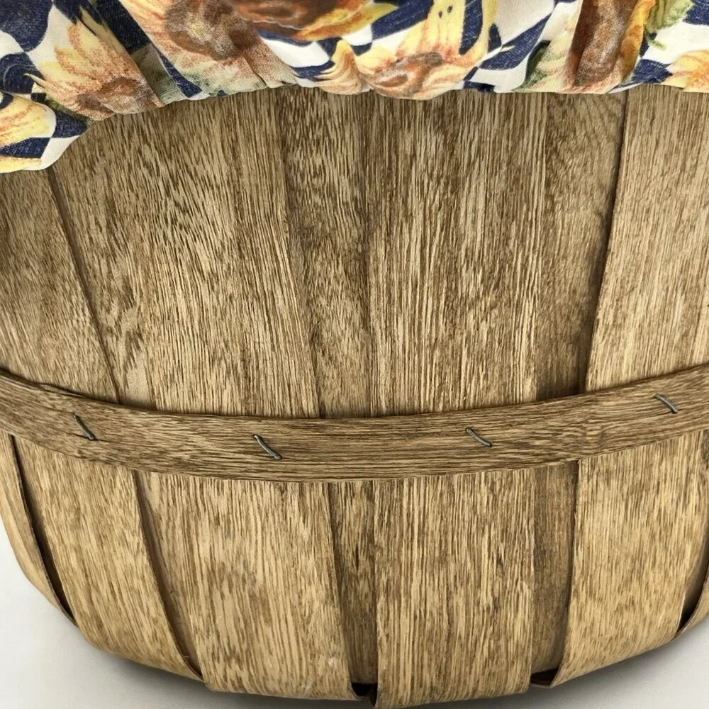 Vintage Half Bushel Sewing Picnic Basket Wooden Handle Sunflower Fabric Lined